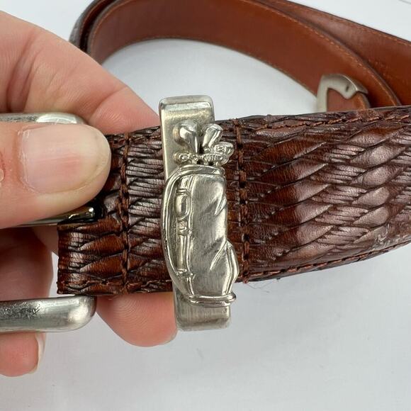 Genuine Italian Calfskin Leather Brown Classic Men's Silver Golf Accent Belt 36 - Picture 1 of 9